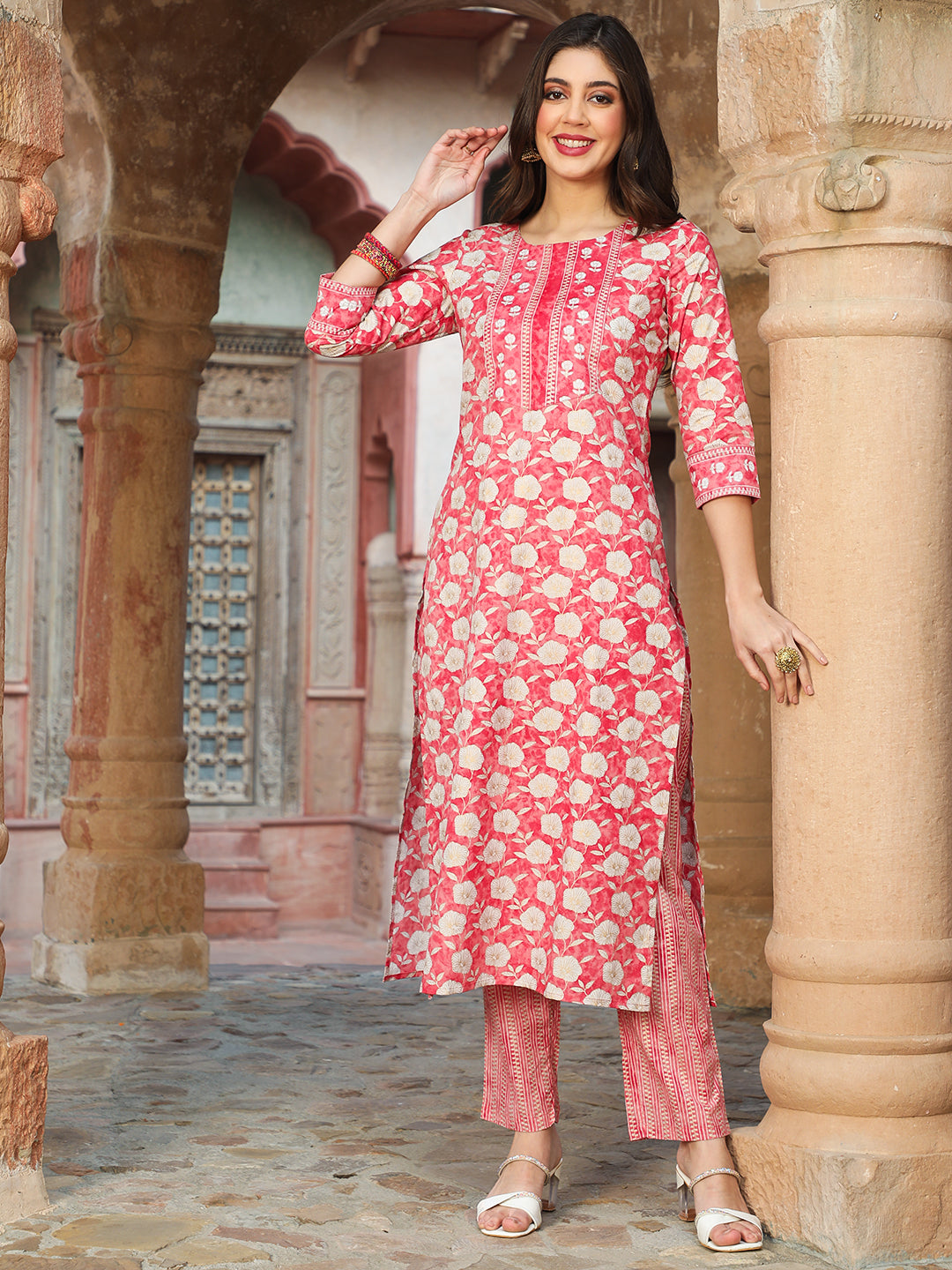 Cotton  Calf Length Printed Straight 3/4 Sleeves Round Kurta Bottom Dupatta Set