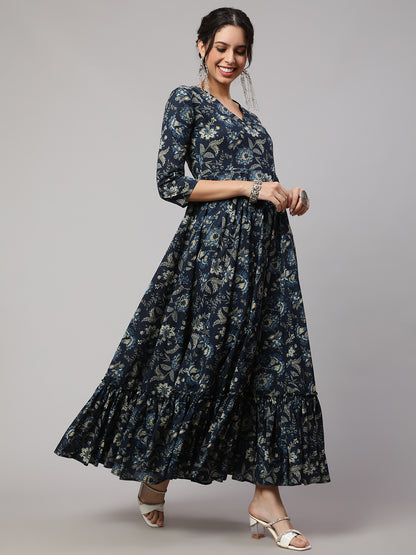 Floral Print V-Neck Flared Kurta