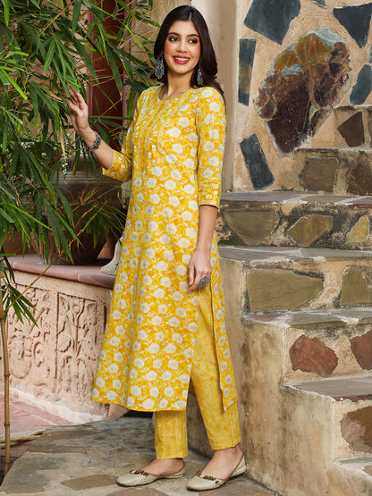 Cotton  Calf Length Printed Straight 3/4 Sleeves Round Kurta Bottom Dupatta Set