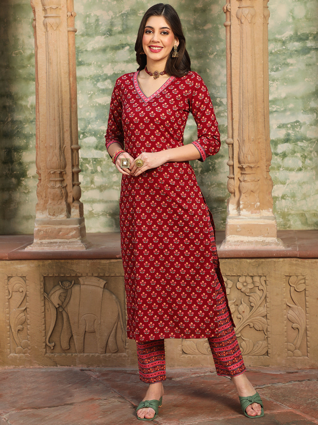 Cotton  Calf Length Printed Straight 3/4 Sleeves V-Neck Kurta Bottom Dupatta Set