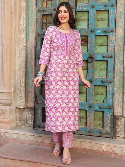 Cotton  Calf Length Printed Straight 3/4 Sleeves Round Kurta Bottom Dupatta Set