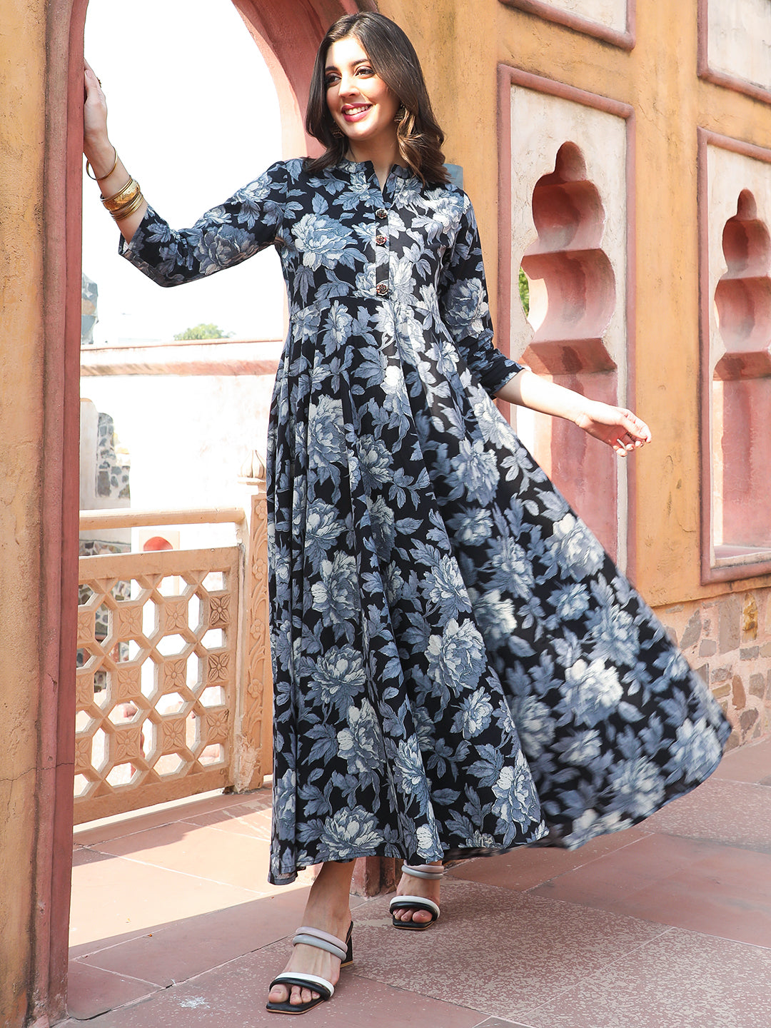 Cotton  Ankle Length Printed Flared 3/4 Sleeves Collar Nack Kurta