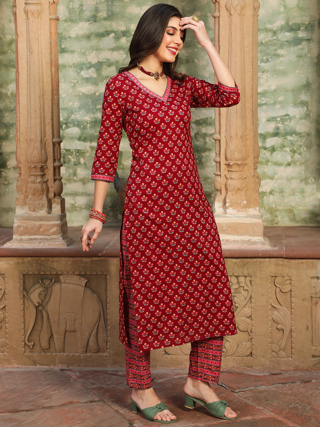 Cotton  Calf Length Printed Straight 3/4 Sleeves V-Neck Kurta Bottom Dupatta Set