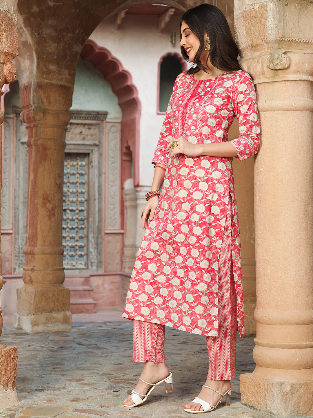 Cotton  Calf Length Printed Straight 3/4 Sleeves Round Kurta Bottom Dupatta Set