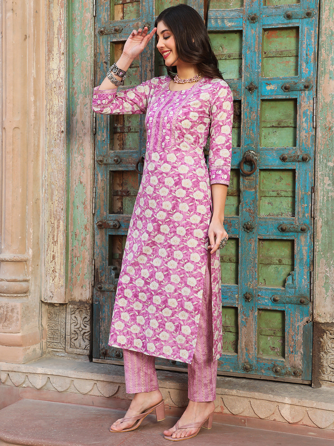 Cotton  Calf Length Printed Straight 3/4 Sleeves Round Kurta Bottom Dupatta Set