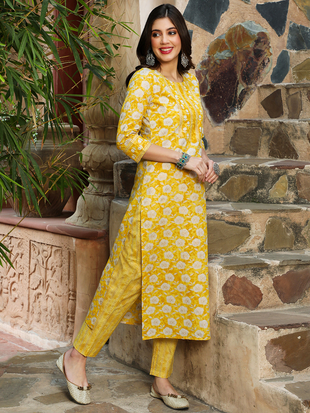 Cotton  Calf Length Printed Straight 3/4 Sleeves Round Kurta Bottom Dupatta Set