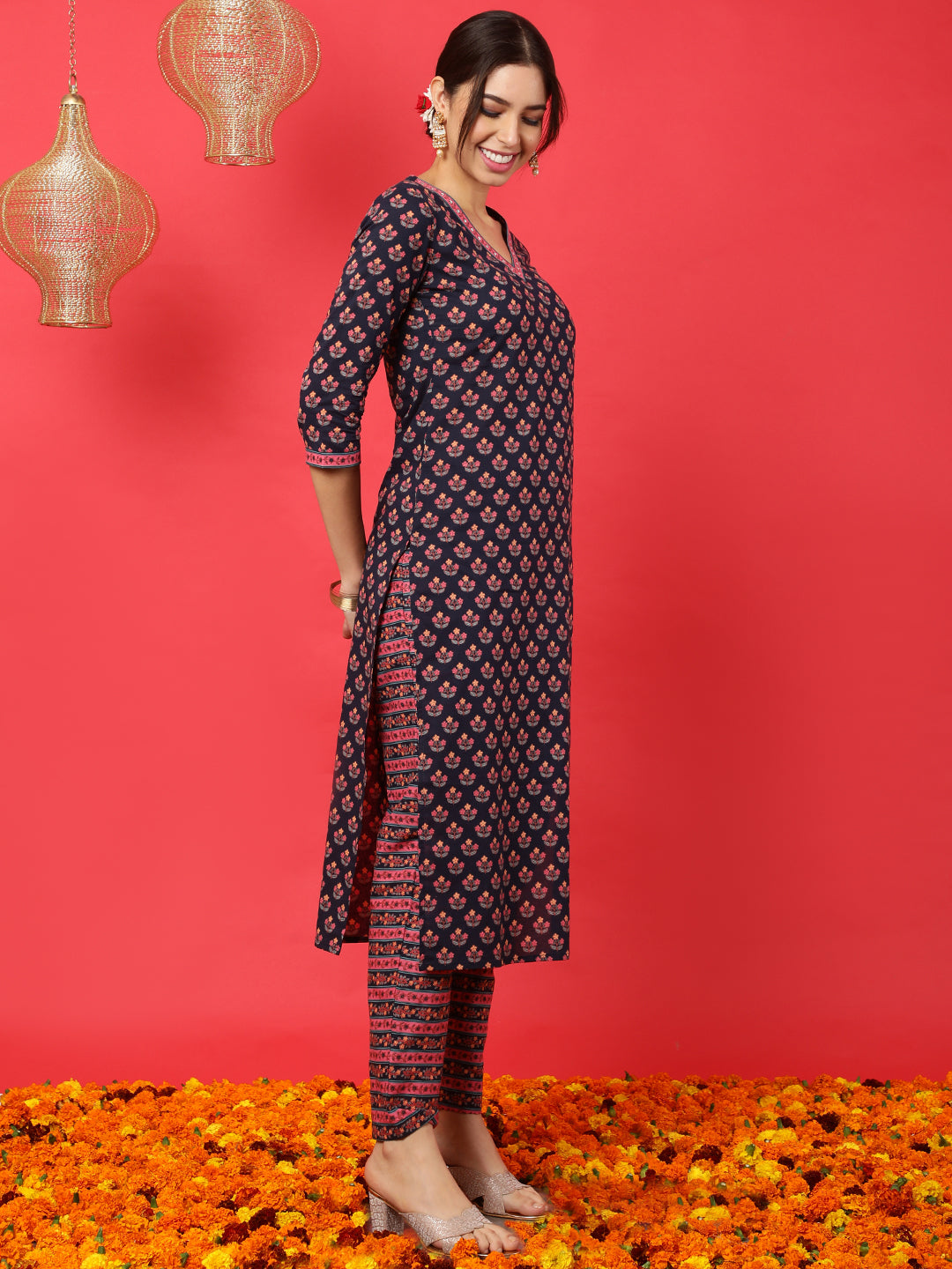 Cotton  Calf Length Printed Straight 3/4 Sleeves V-Neck Kurta Bottom Dupatta Set