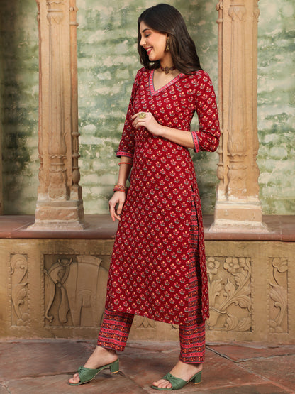 Cotton  Calf Length Printed Straight 3/4 Sleeves V-Neck Kurta Bottom Dupatta Set