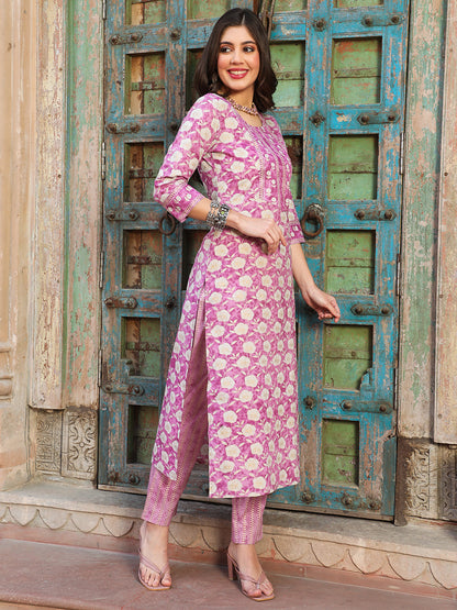 Cotton  Calf Length Printed Straight 3/4 Sleeves Round Kurta Bottom Dupatta Set