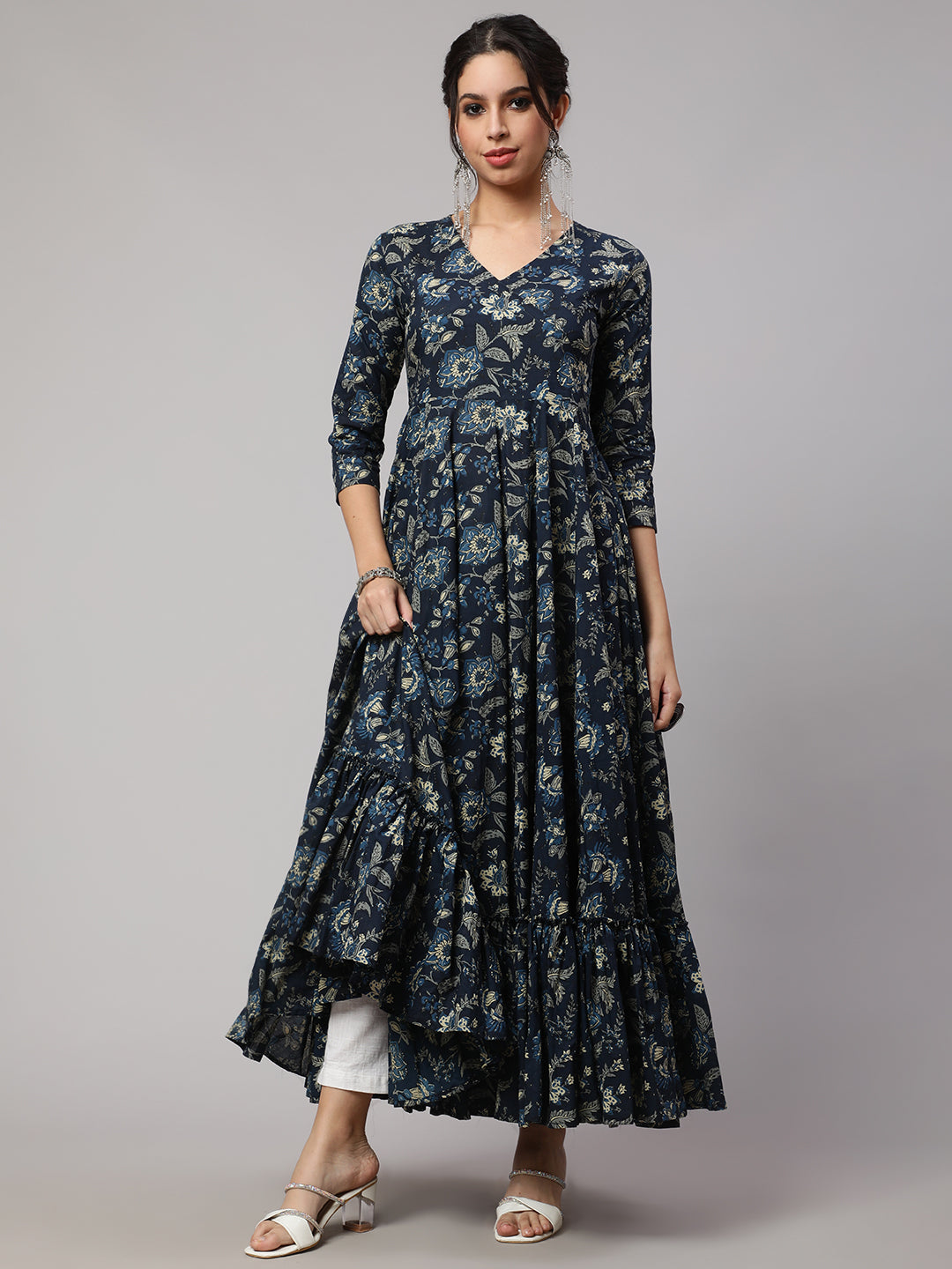 Floral Print V-Neck Flared Kurta