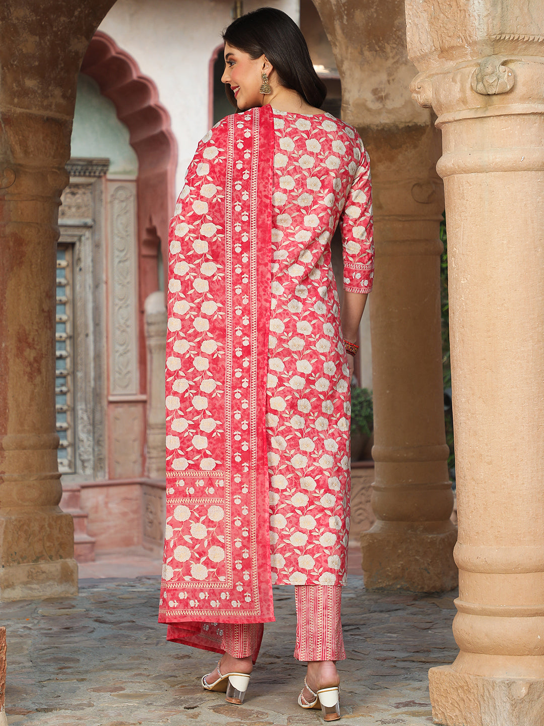 Cotton  Calf Length Printed Straight 3/4 Sleeves Round Kurta Bottom Dupatta Set