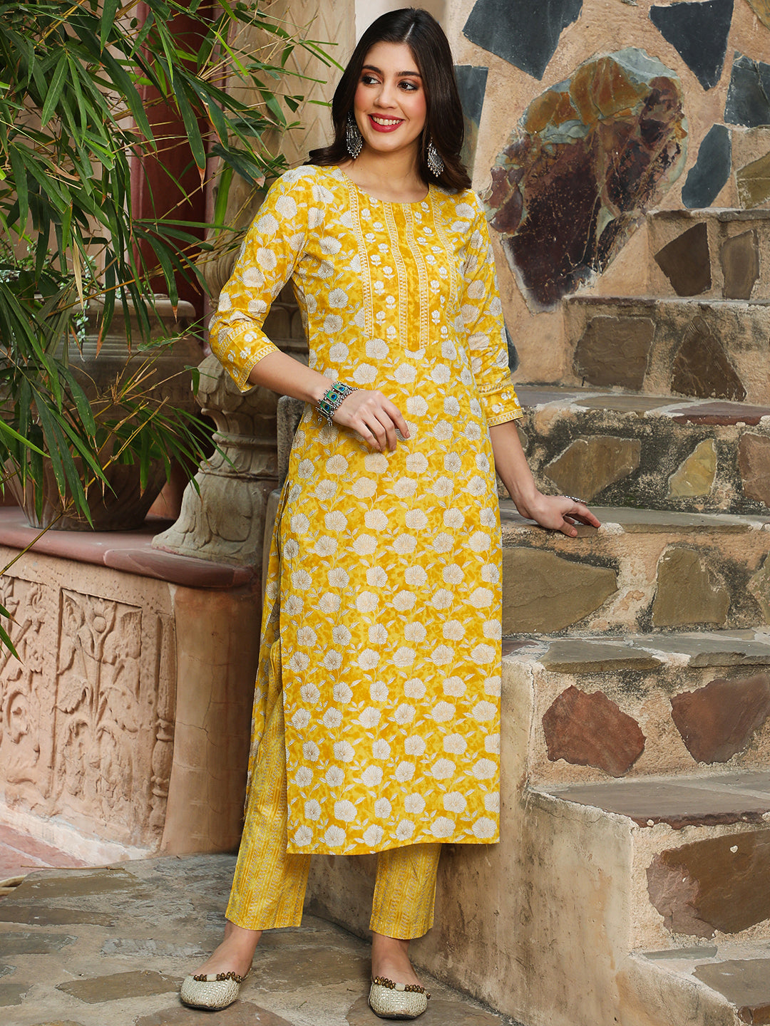 Cotton  Calf Length Printed Straight 3/4 Sleeves Round Kurta Bottom Dupatta Set