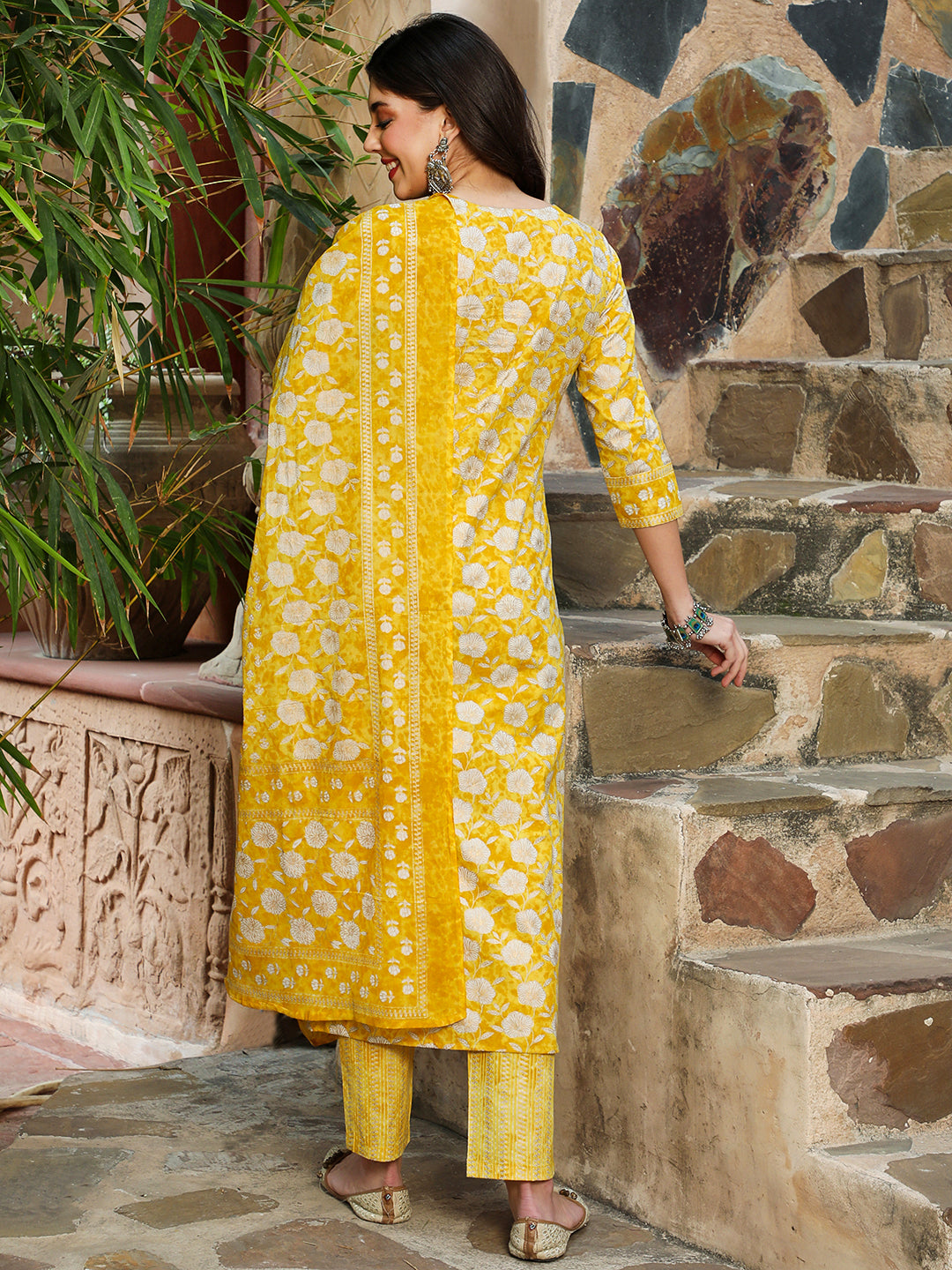 Cotton  Calf Length Printed Straight 3/4 Sleeves Round Kurta Bottom Dupatta Set