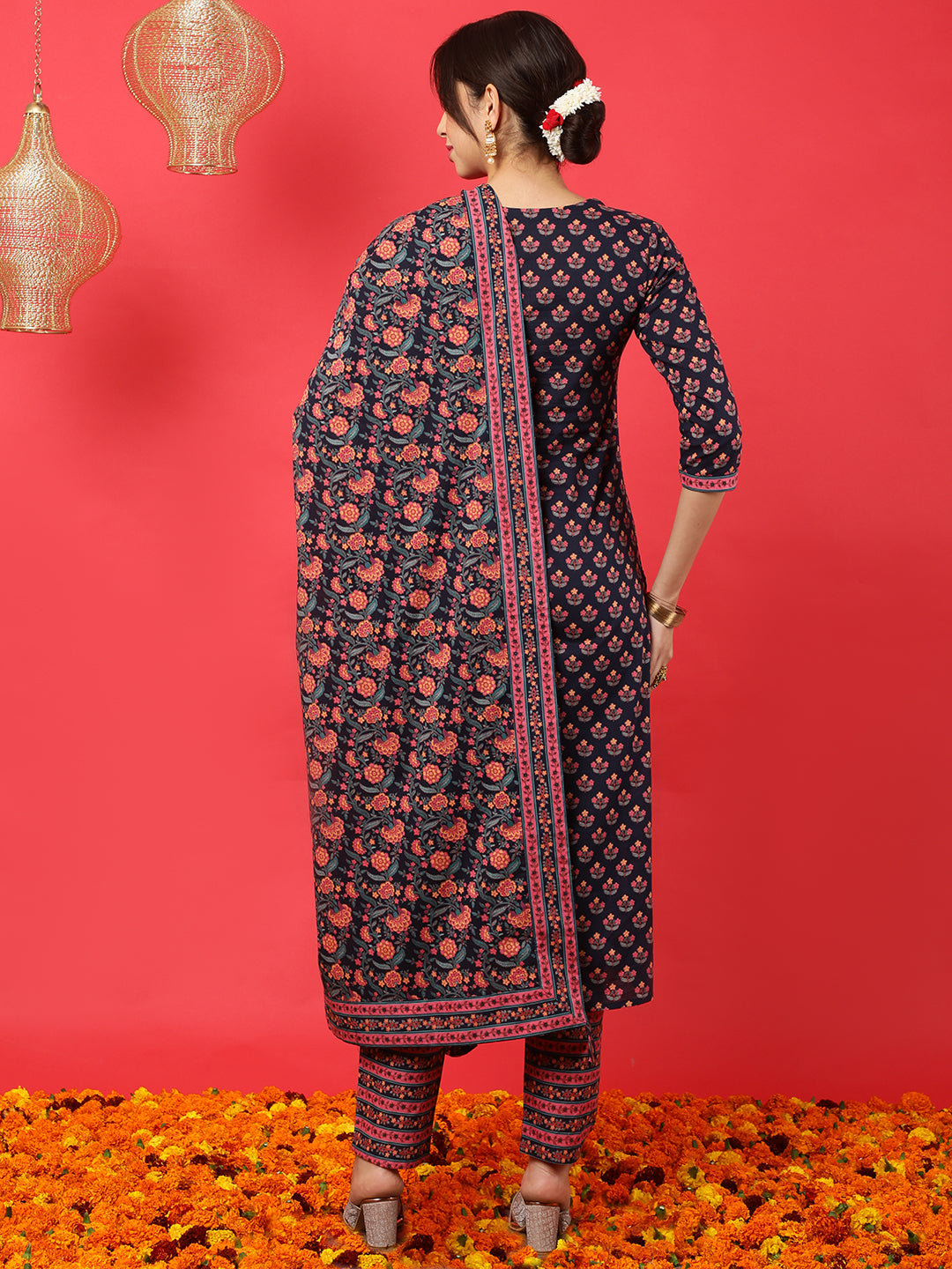 Cotton  Calf Length Printed Straight 3/4 Sleeves V-Neck Kurta Bottom Dupatta Set