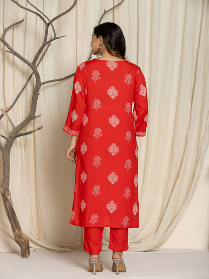 Floral Print Rayon Straight Kurta Set with Trousers & Dupatta