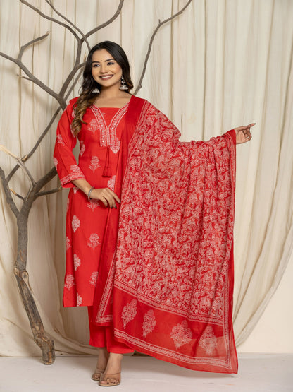 Floral Print Rayon Straight Kurta Set with Trousers & Dupatta