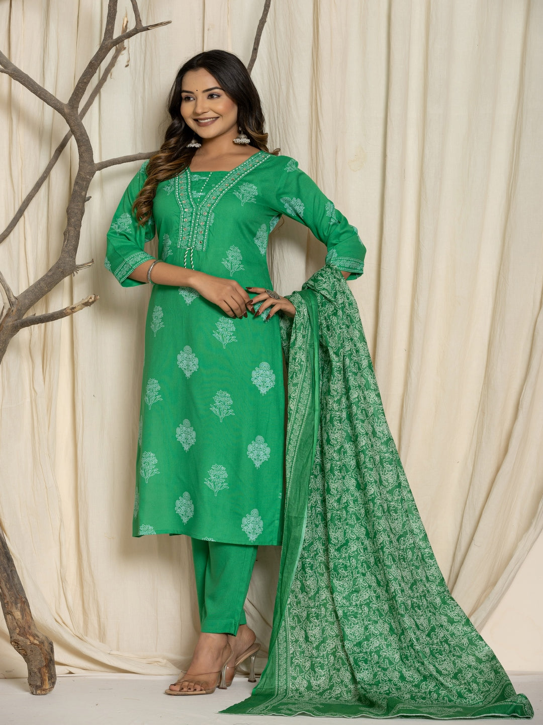 Floral Print Rayon Straight Kurta Set with Trousers & Dupatta