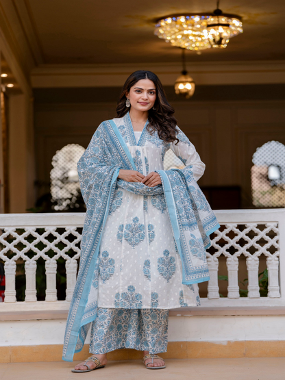 Cotton A-Line Kurta, Palazzo & Dupatta Set