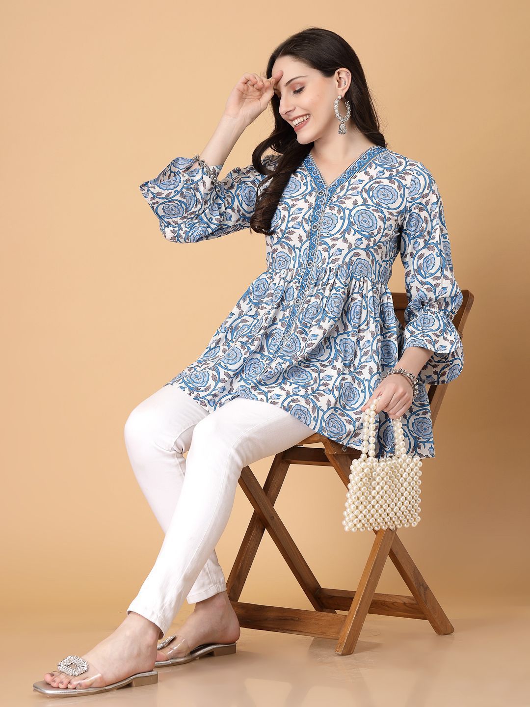 Floral Print Cotton Lace Top (Blue)