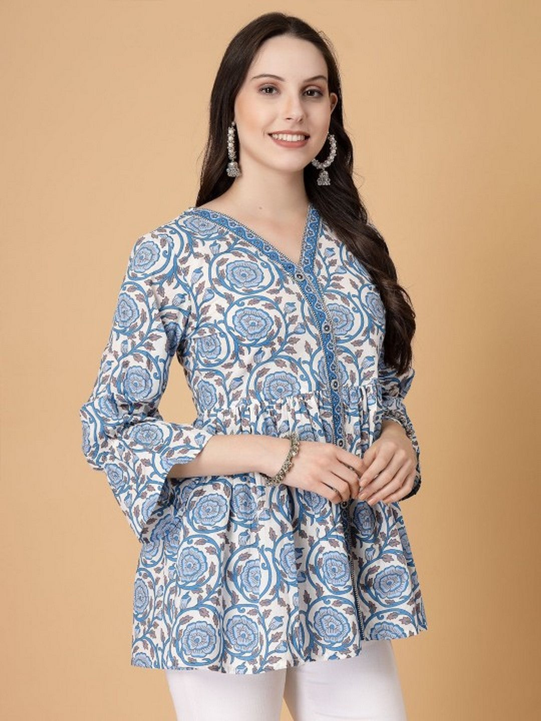 Floral Print Cotton Lace Top (Blue)