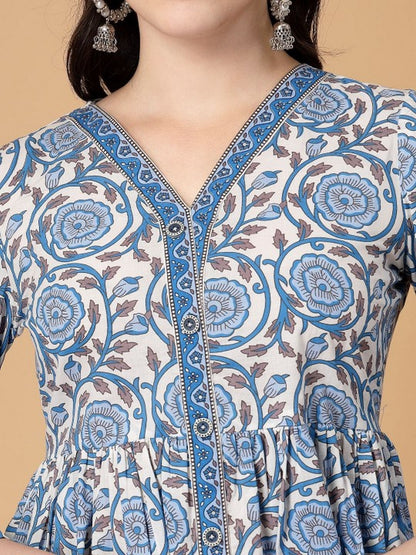 Floral Print Cotton Lace Top (Blue)