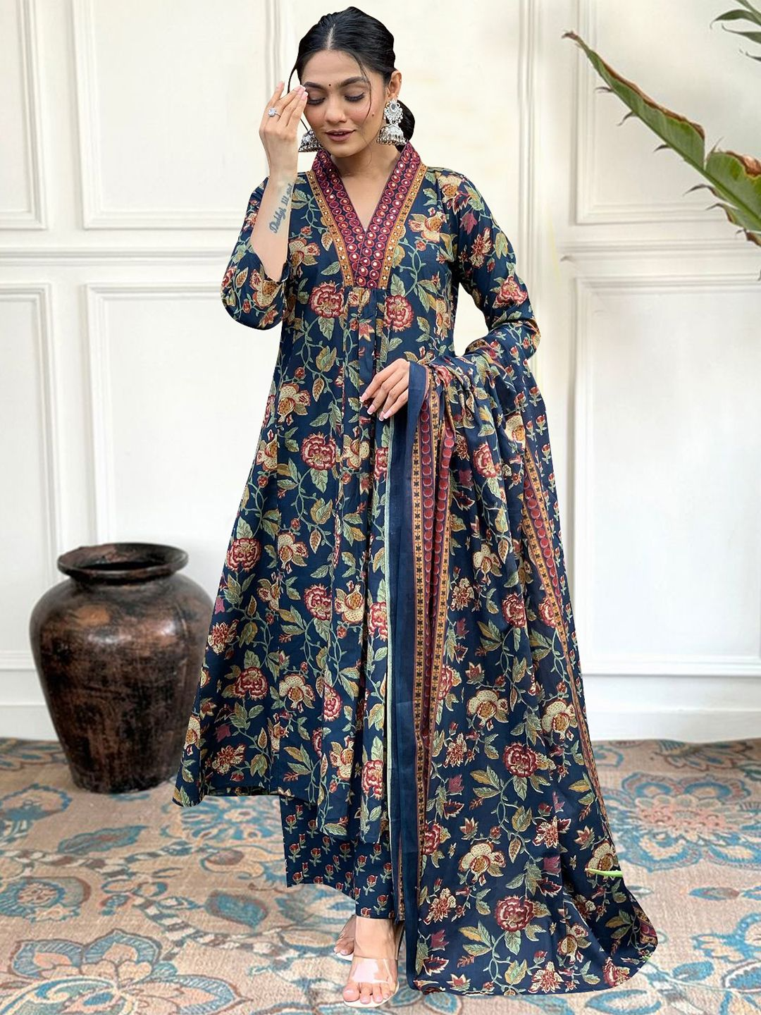 Cotton Printed Anarkali Printed Kurta With Palazzo & Dupatta