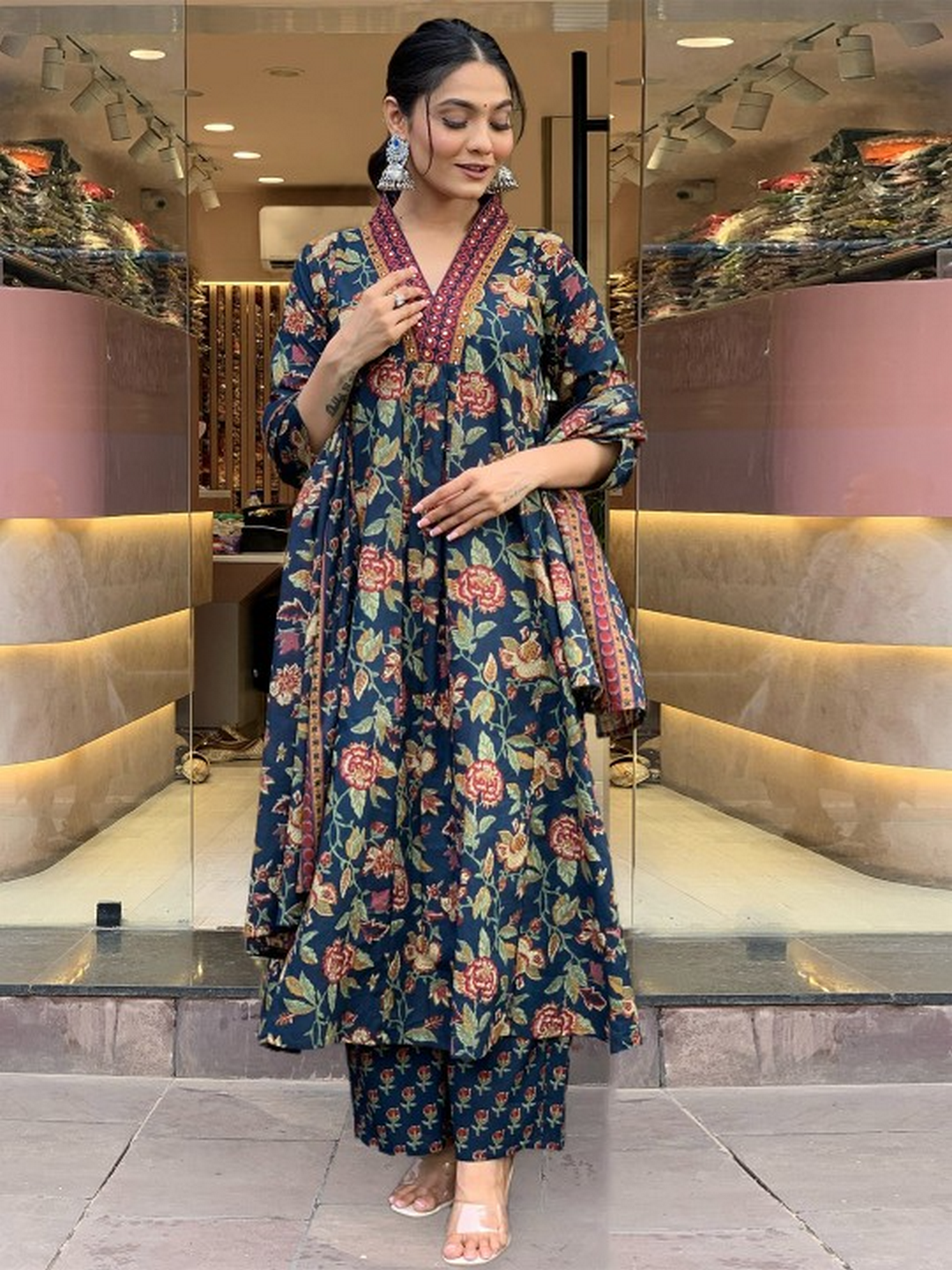 Cotton Printed Anarkali Printed Kurta With Palazzo & Dupatta