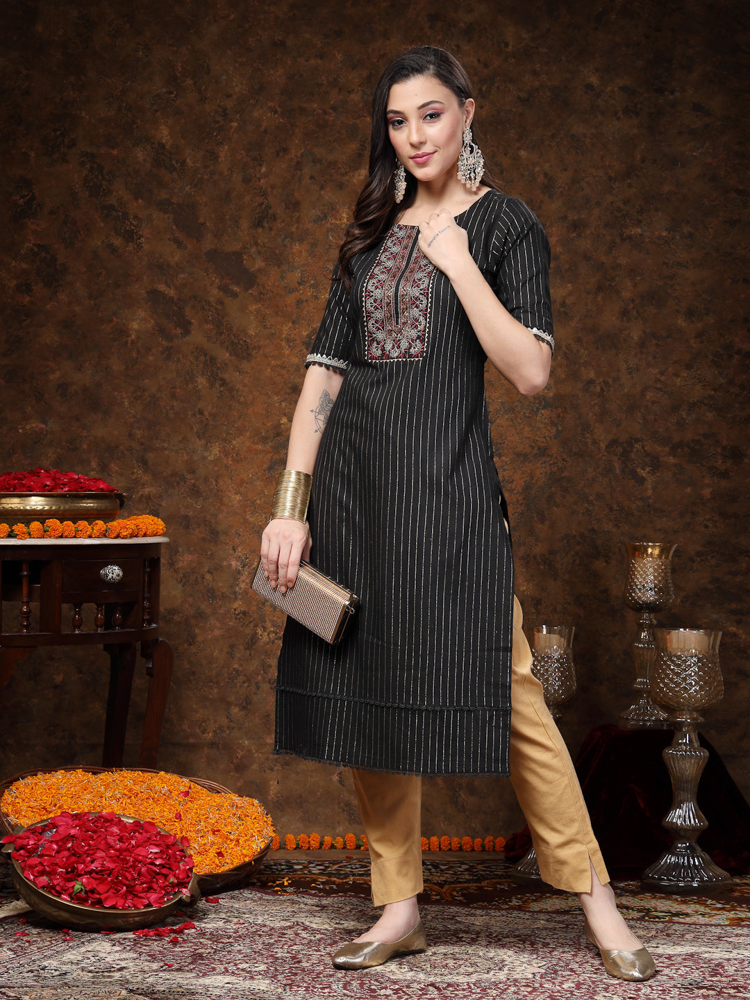 Black Woven Design & Embroidered Lurex Cotton Straight Kurta