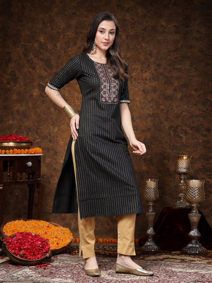 Black Woven Design & Embroidered Lurex Cotton Straight Kurta