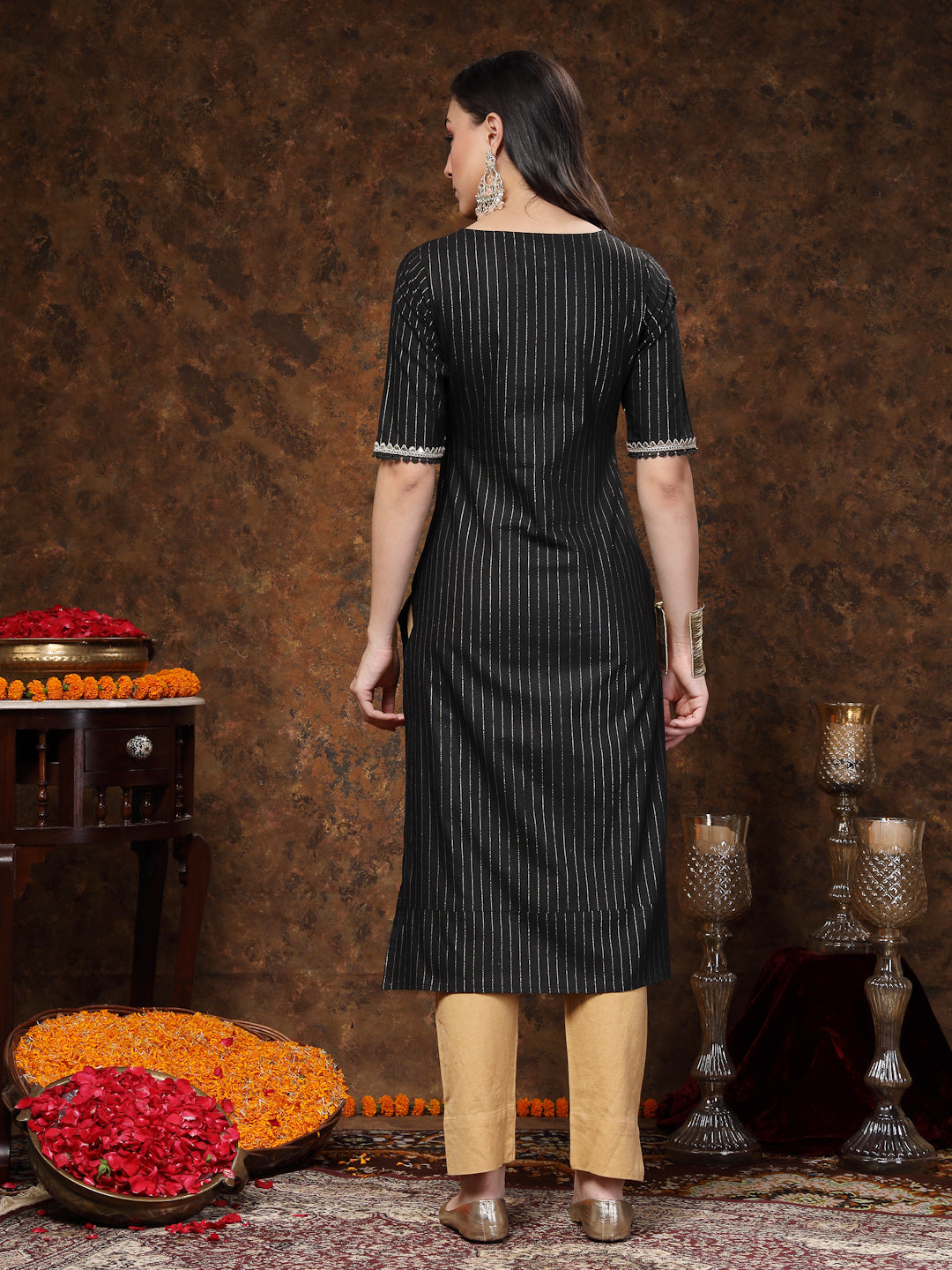 Black Woven Design & Embroidered Lurex Cotton Straight Kurta