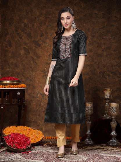 Black Woven Design & Embroidered Lurex Cotton Straight Kurta