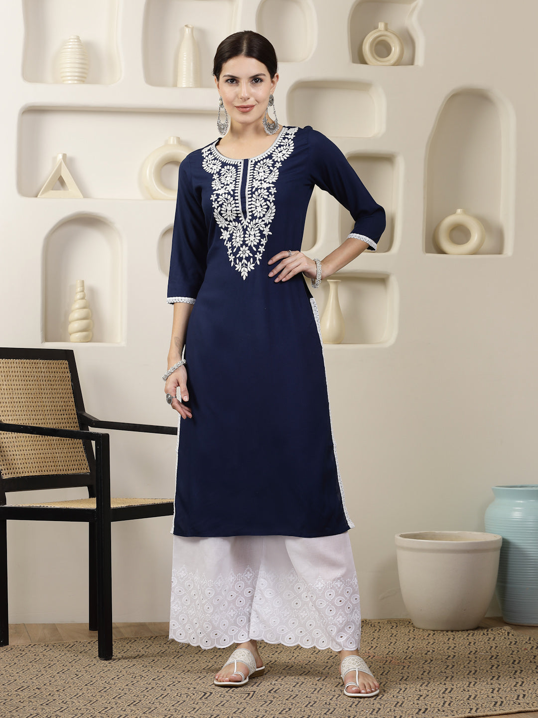 Navy Solid & Embroidered Rayon Straight Chicken Kurta