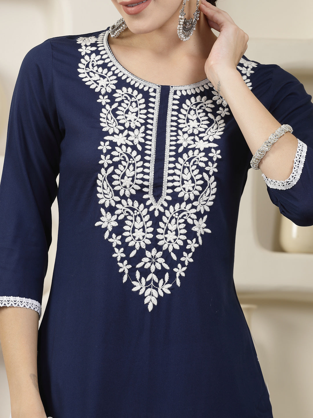 Navy Solid & Embroidered Rayon Straight Chicken Kurta