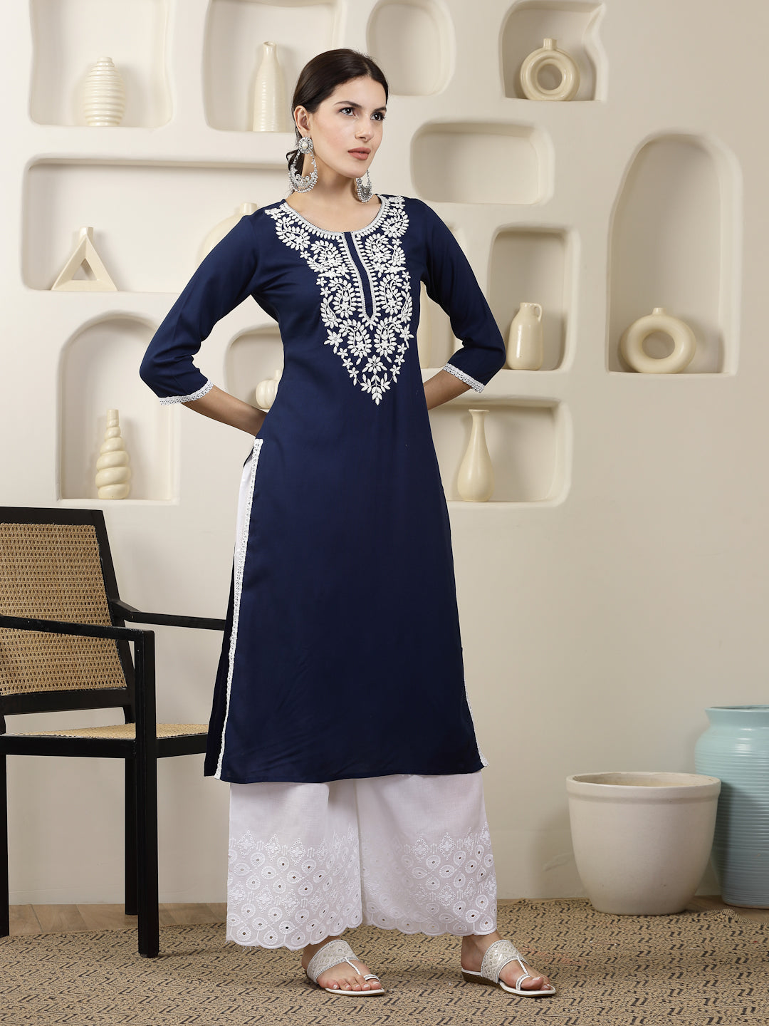 Navy Solid & Embroidered Rayon Straight Chicken Kurta