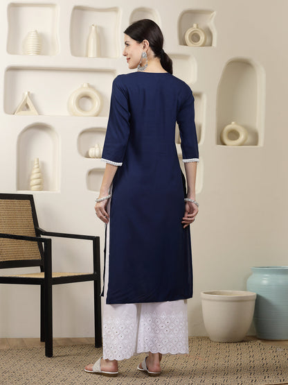 Navy Solid & Embroidered Rayon Straight Chicken Kurta