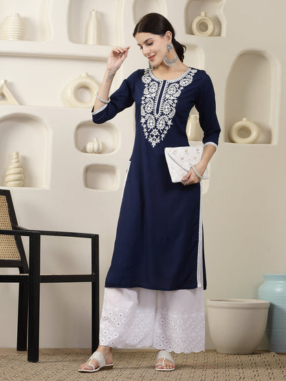 Navy Solid & Embroidered Rayon Straight Chicken Kurta