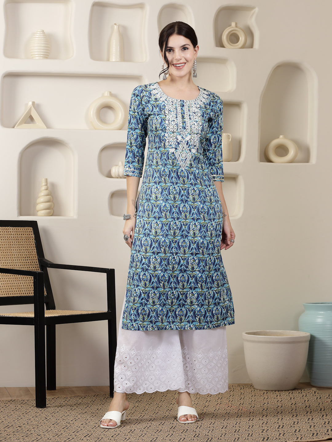 Blue Printed & Embroidered Rayon Straight Chicken Kurta