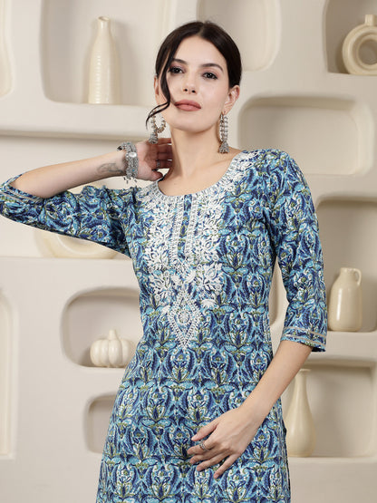 Blue Printed & Embroidered Rayon Straight Chicken Kurta