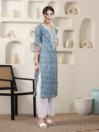 Blue Printed & Embroidered Rayon Straight Chicken Kurta