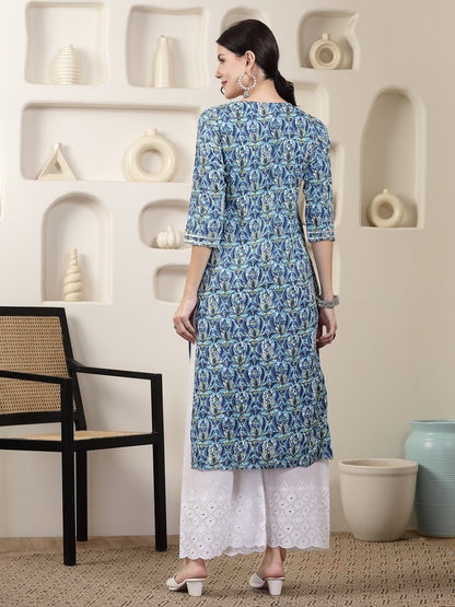 Blue Printed & Embroidered Rayon Straight Chicken Kurta