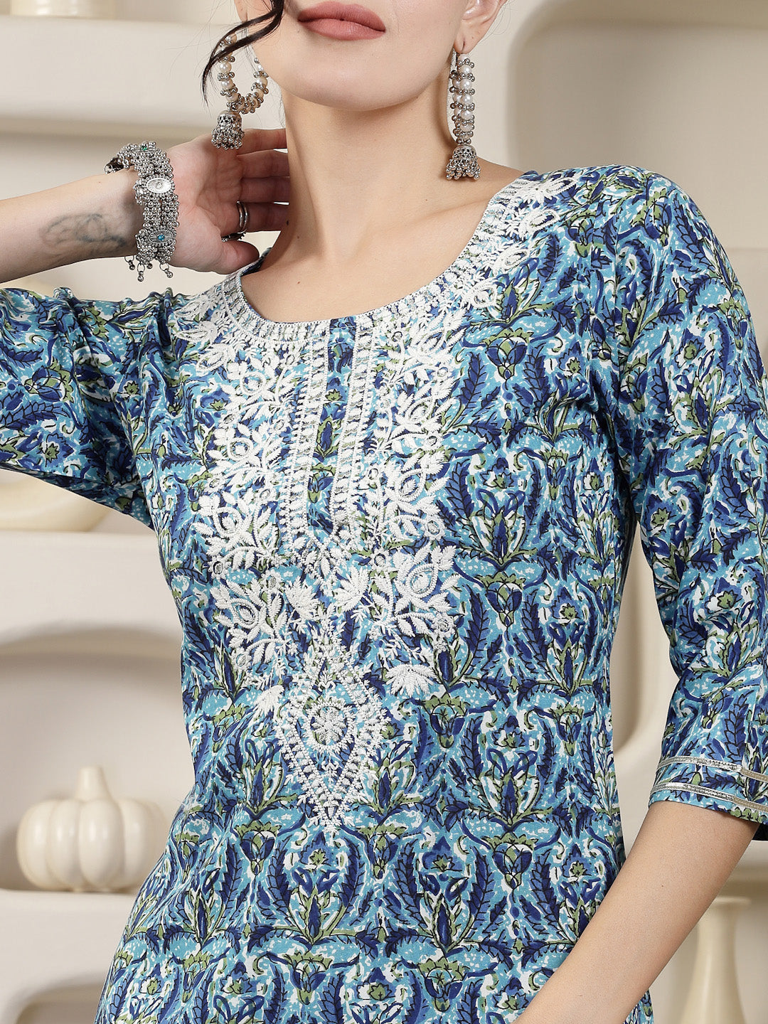 Blue Printed & Embroidered Rayon Straight Chicken Kurta