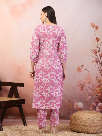 Purple Floral Printed & Embroidered Katha Cotton Co-Ord Set