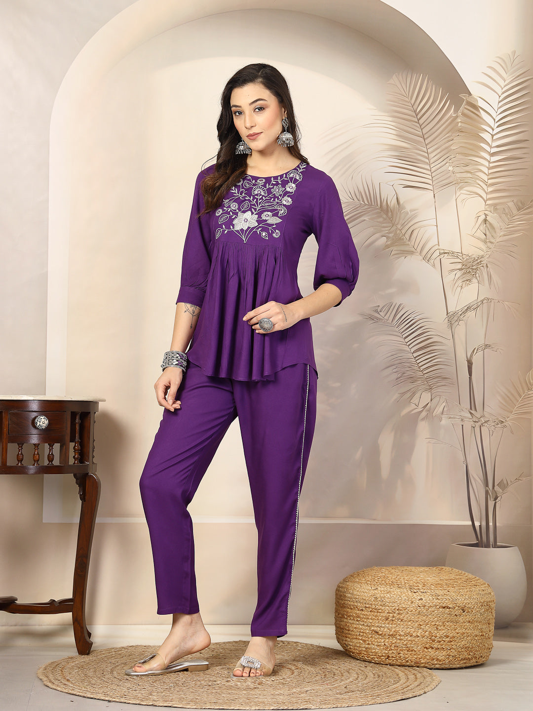 Violet Solid & Embroidered Cotton Co-Ord Set