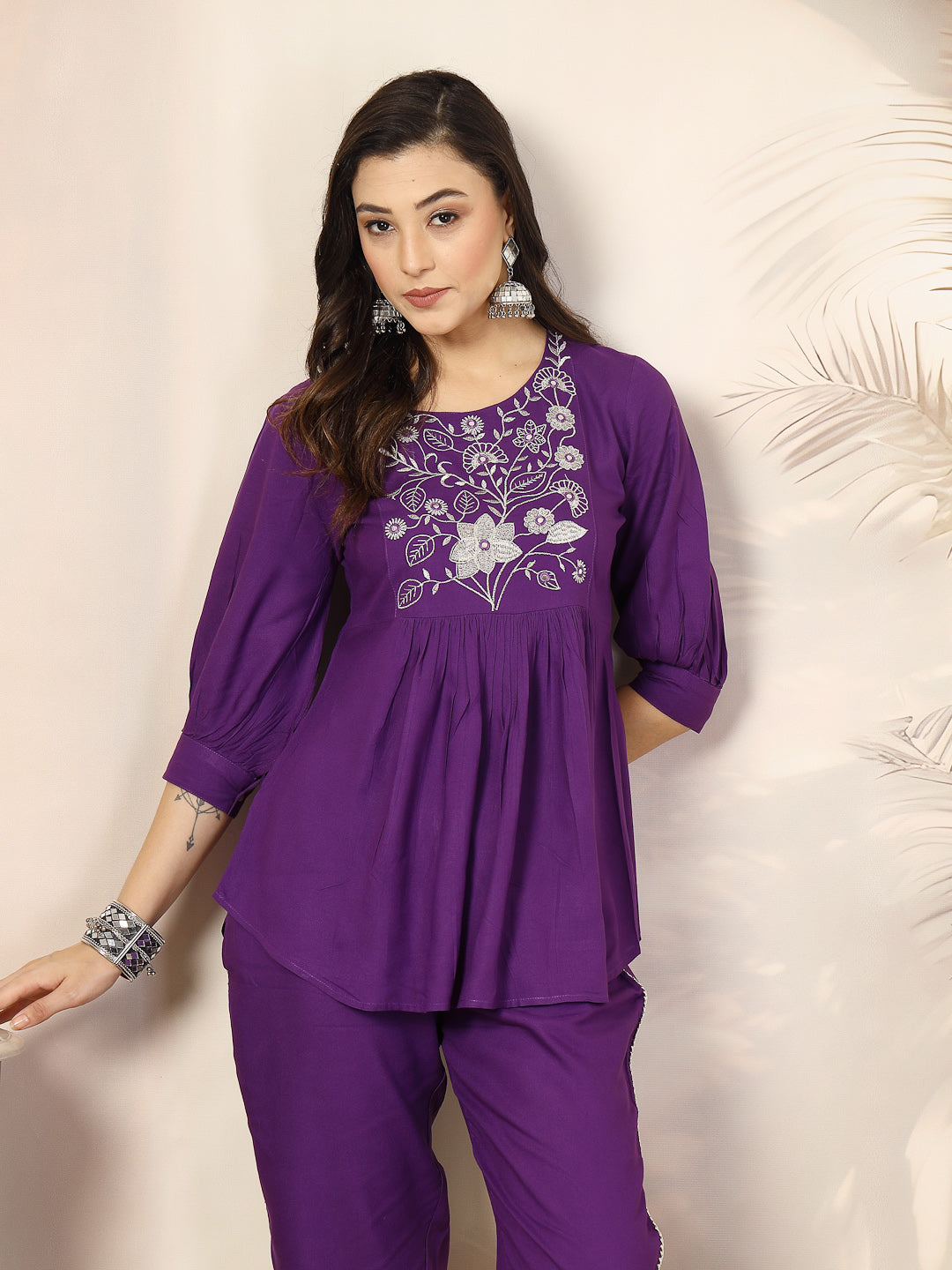 Violet Solid & Embroidered Cotton Co-Ord Set