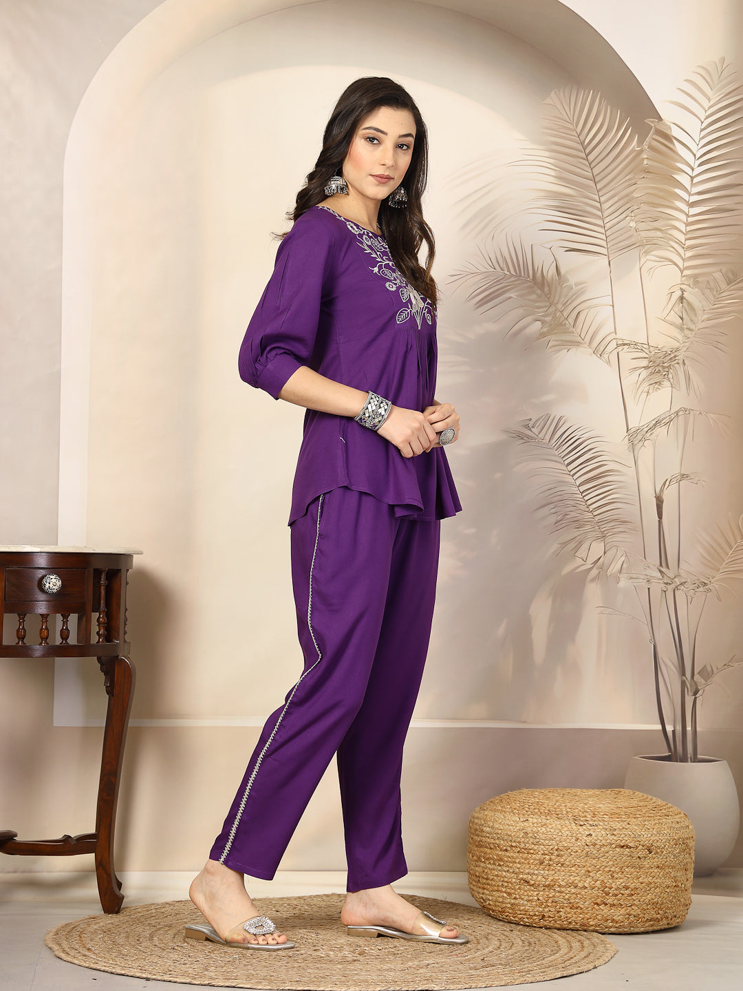 Violet Solid & Embroidered Cotton Co-Ord Set