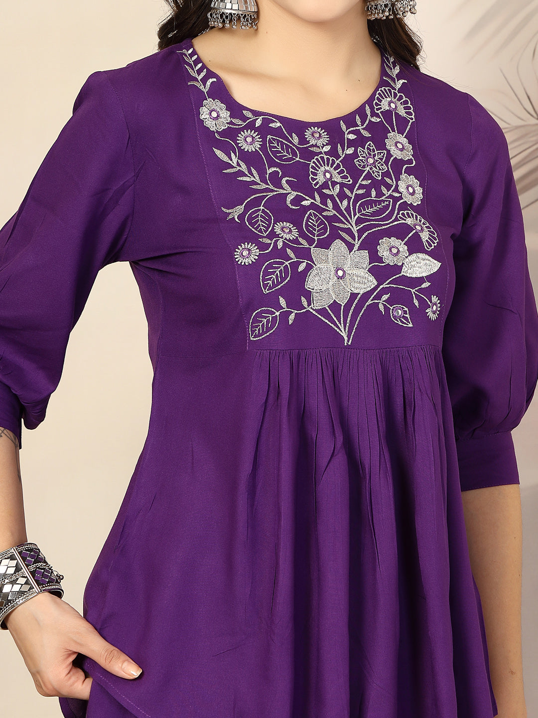 Violet Solid & Embroidered Cotton Co-Ord Set