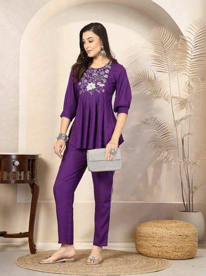 Violet Solid & Embroidered Cotton Co-Ord Set