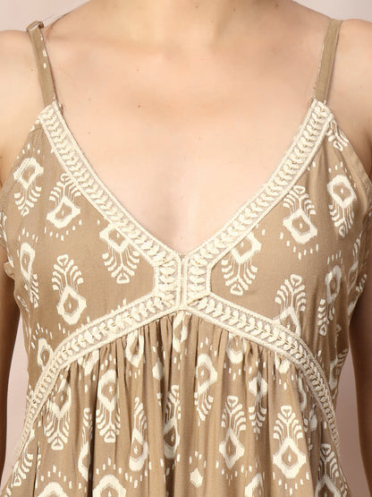 Beige Ikat Printed Rayon Tiered Dress