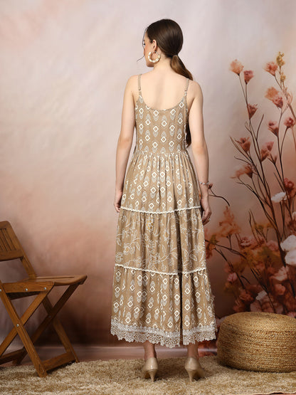 Beige Ikat Printed Rayon Tiered Dress