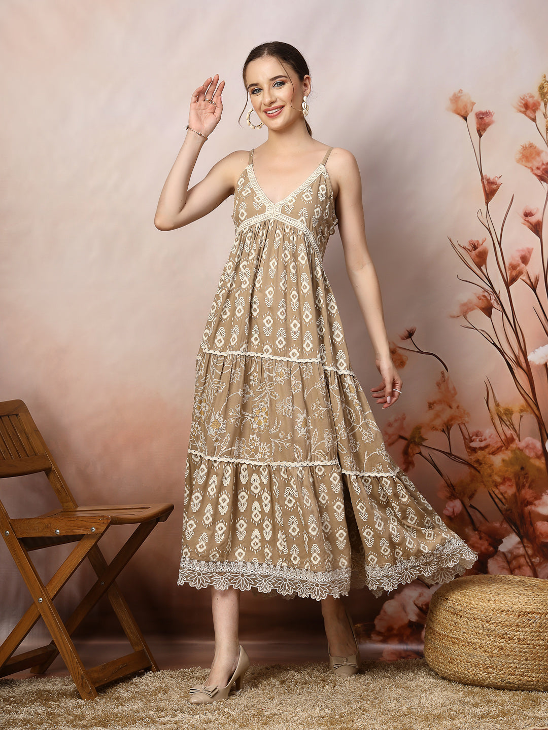 Beige Ikat Printed Rayon Tiered Dress